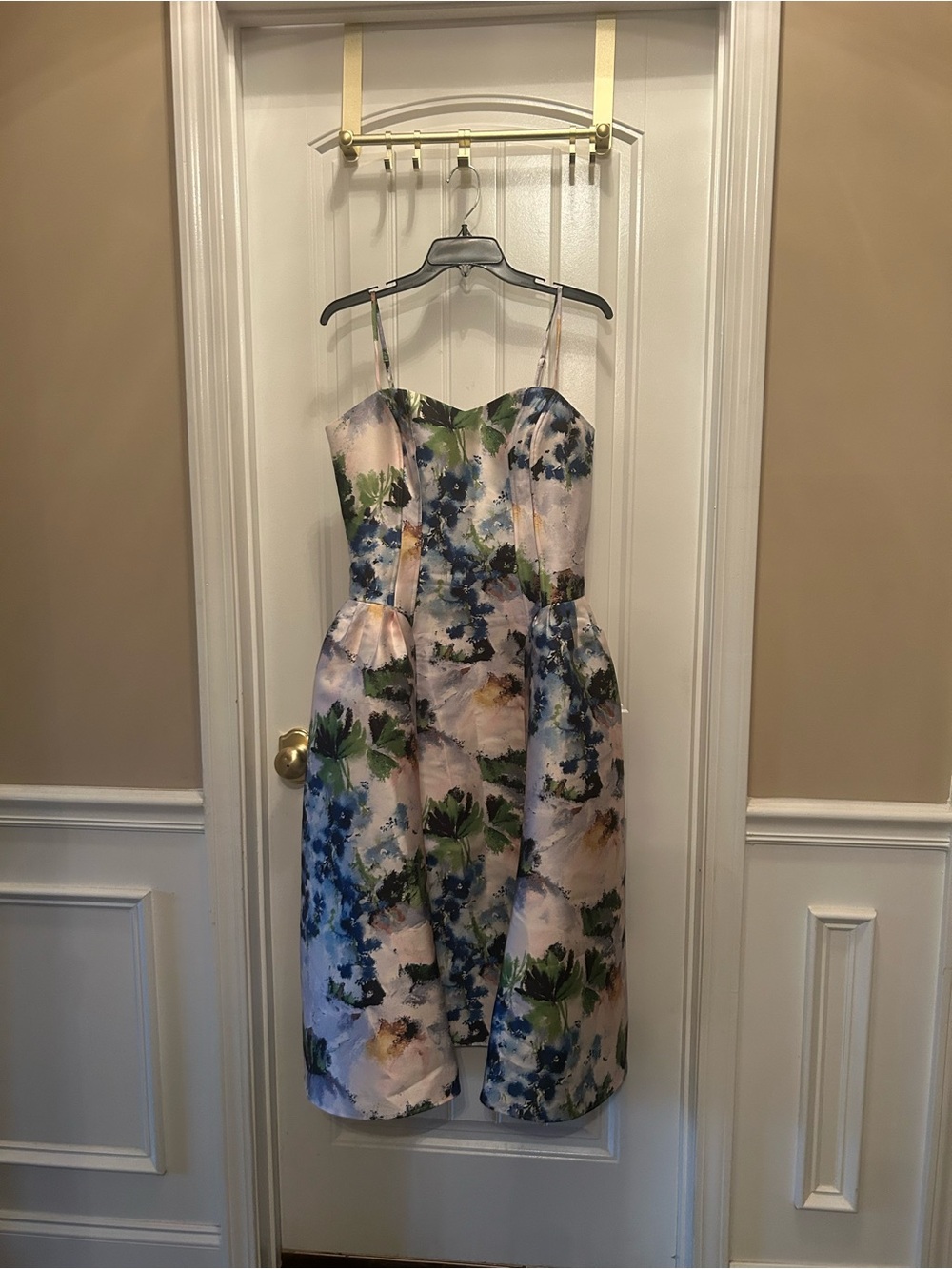 Express Floral Strapless Dress in Cream, Blue & Green